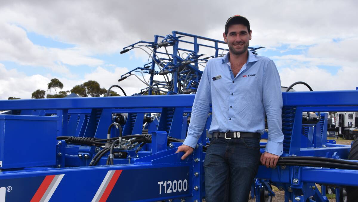 Tom McCluskey with Gason's new planter at the recent Wimmera Machinery Field Days.