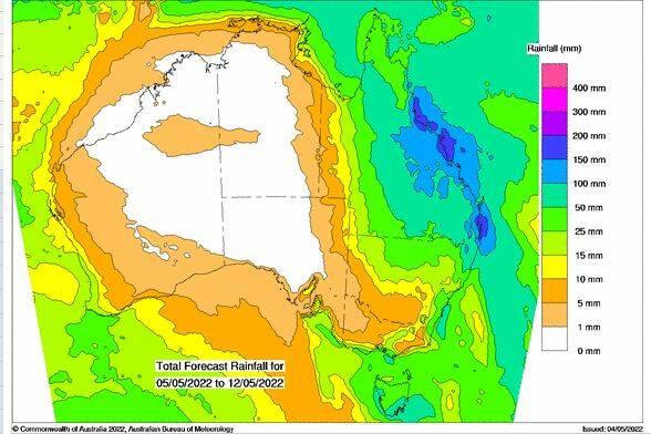 WET: The BOM"s eight day forecast shows heavy rain likely over eastern Australia.