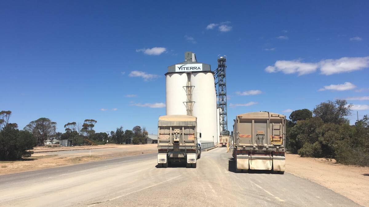 Trucks roll up to Viterra's site at Wudinna, on the Eyre Peninsula.