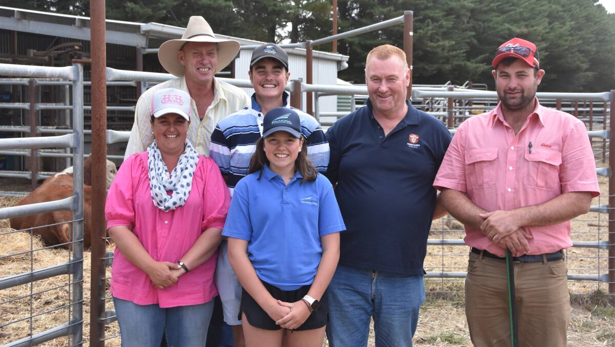 THRILLED: Angela, Andrew, Will and Kaylah Lyons, Wilkah, together with major buyer at the sale Jason Koch, Dergholm, and Sam Broomby, Elders Casterton.