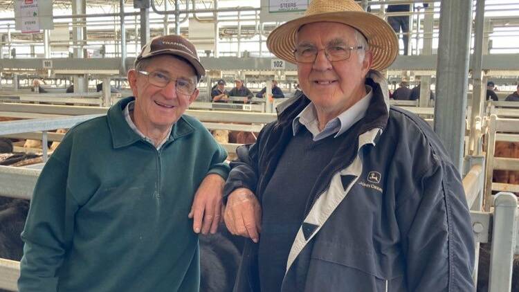 RESULT: Phil Cocking, Ampitheatre, near Avoca (left) pictured with semi-retired Corack, near Donald, farmer Linton Reilly, bought steers at Fridays Ballarat sale. His pen of 15 was bought for $1650 a head.