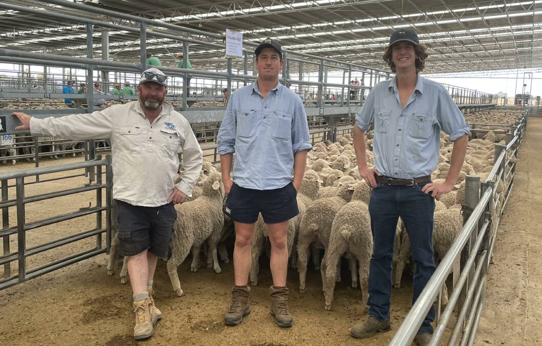 Ben Duxson, Glendemar Multi Purpose Merinos and Rob and Hamish Mackinnon, Rocklands Pastoral. Rocklands sold a large number of Glendemar-blood Merino ewes and lambs at last week's Horsham store sale.
