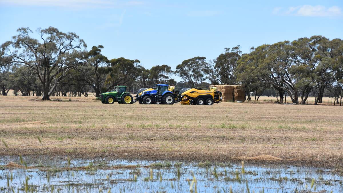 Rain has delayed harvest and baling programs in regions like the west Wimmera, with this baling set up south of Kaniva laid up due to heavy rainfall. Photo by Gregor Heard.