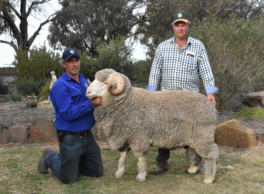Tim and Roger Polkinghorne with the $42,000 Charinga ram on Monday.