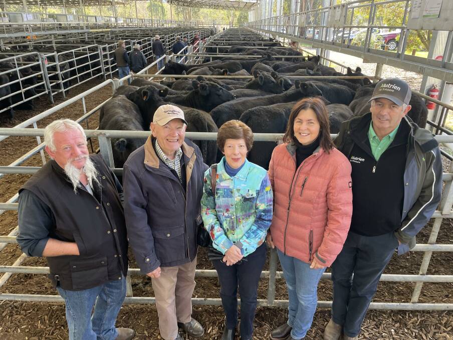 NICE PRICE: Ian brown, Con and Maree De Groot, Springbank, Narbethong, with Narelle and Phil Douglas, Nutrien Ag Solutions Colac at the Yea monthly store sale. 