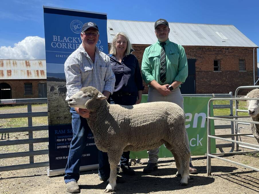 Peter and Claire Blackwood, Nutrien Livestock's Cooper Lamprey, and the sale topping ram, Blackwood 200158, in the top 1pc for MWP+ index, sold to $6400. 