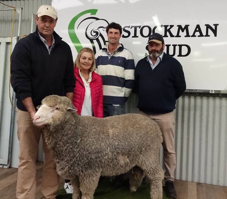 Top sire: Stockman Merino stud's Kip and Lucy Gray, with buyer of the top-priced ram, Will O'Connor, Windfalls Pastoral, Campbell Town, Tas, and Brett Cox, AWN.
