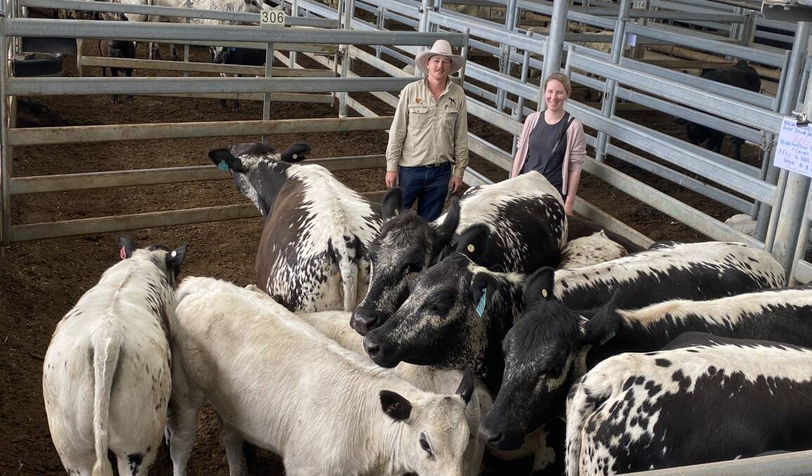 Black Diamond SpecklePark stud principal, Murray Van der Drift, with buyer of the top priced pen of cows and calves, Laura Selkrig, Mirboo North, Gippsland.