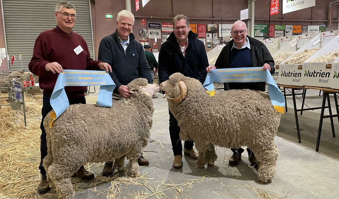 Superior: Judge Clive Parsons, AWN's John Croake and Grathlyn Merino's Andrew and Max Rayner with the ultrafine Merino grand champion ewe and ram. 