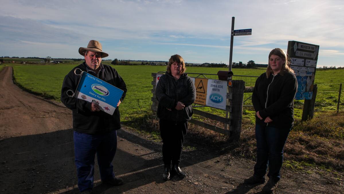 LEAVING FONTERRA: Irrewarra dairy farmer John Martin, with his wife Jodie and daughter Rachael, is leaving dairy processor Fonterra after the family has been supplying the dairy giant, and its predecessors, for nearly 100 years. Photo by Rob Gunstone.
