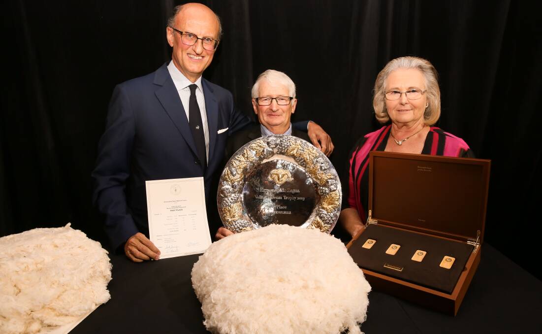 ANOTHER AWARD: David and Susan Rowbottom, pictured with Paolo Zegna, have added an environmental award to their fifth Vellus Aureum trophy.
