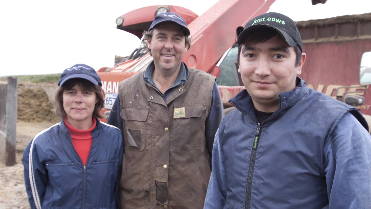  

457 CONCERNS: Julie and Chris Vogels with Muhiddin Sultonov, from Uzbekistan, one of the foreign workers, at their Coorimungle dairy farm. Photo: Steve Hynes.

