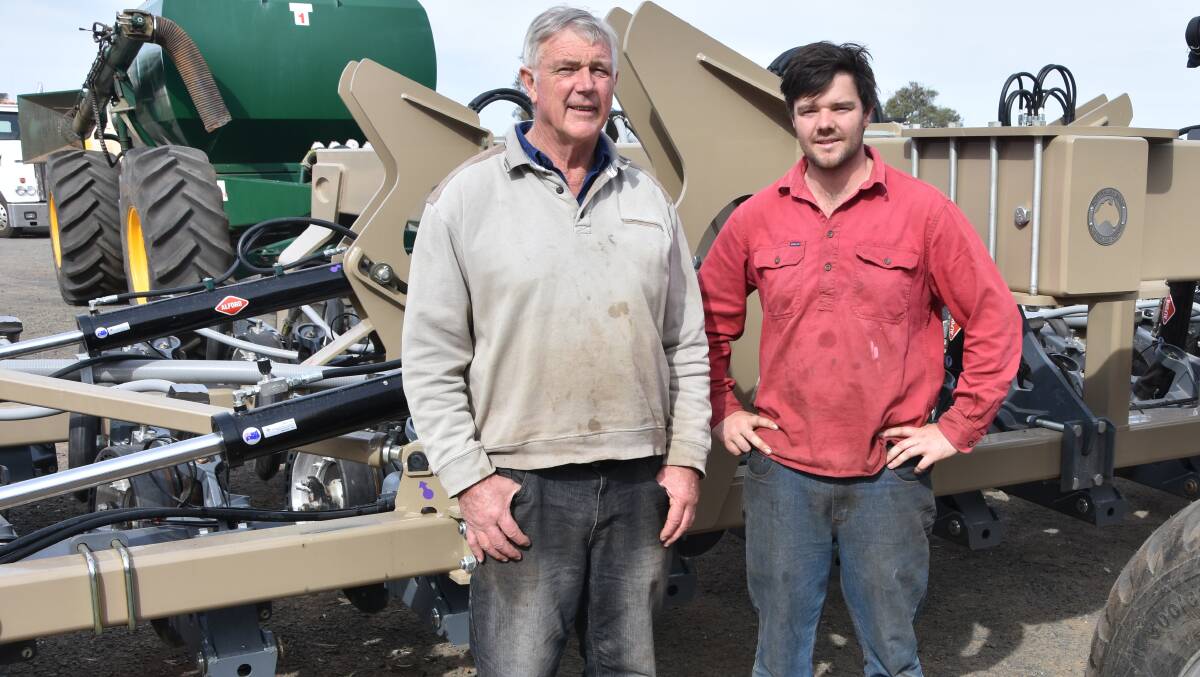 OVERSIZE LOAD: Douglas farmers Stephen and Dallas Hobbs, have questioned what they say is the exorbitant cost of getting a Powercor permit to bring this seeder from NSW. Photo by Gregor Heard.