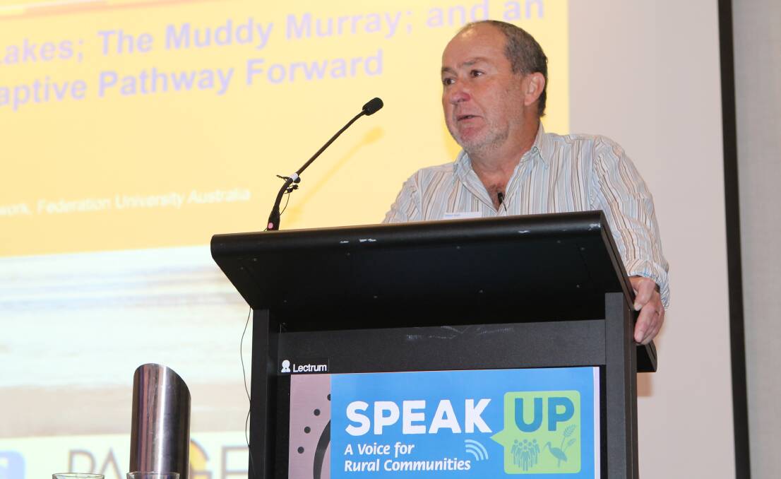 KEYNOTE SPEAKER: Federation University palaeoecologist Professor Peter Gell told the forum findings from core samples from the South Australian Coorong, dating back 7000 years, had shown the installation of barrages at the Murray River mouth had turned it from an estuarine system to a turbid environment, with increased salinity. “The barrages drove a permanent change, to an artificially fresh water lagoon,” Prof Gell said.