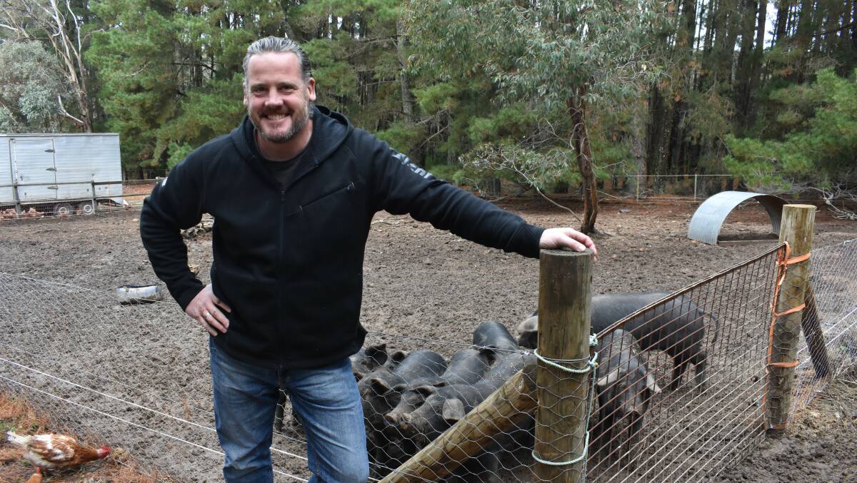 ONE HAND: Former wharfie Verne Glenwright is aiming to completely close the loop on rearing, raising, processing and selling pork, from his Lauriston pastured-pig and poultry operation. 