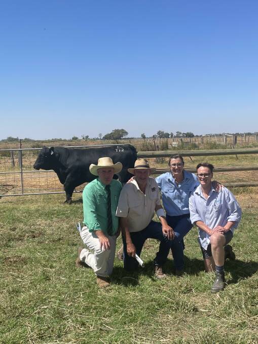 The top-priced bull with Nutrien auctioneer, Peter Godbolt, Albury, NSW, Merridale stud principal Peter Collins and buyers Helen and Andrew Cowin, Yandra Farm, Gooram. Picture by Andrew Miller