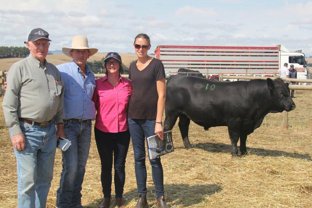 REPEAT BUYER: Nicole White, Hillside (right), with independent breed consultant Willie Milne and Merlewood Angus stud principals Daniel and Anne Marie Barrow.
