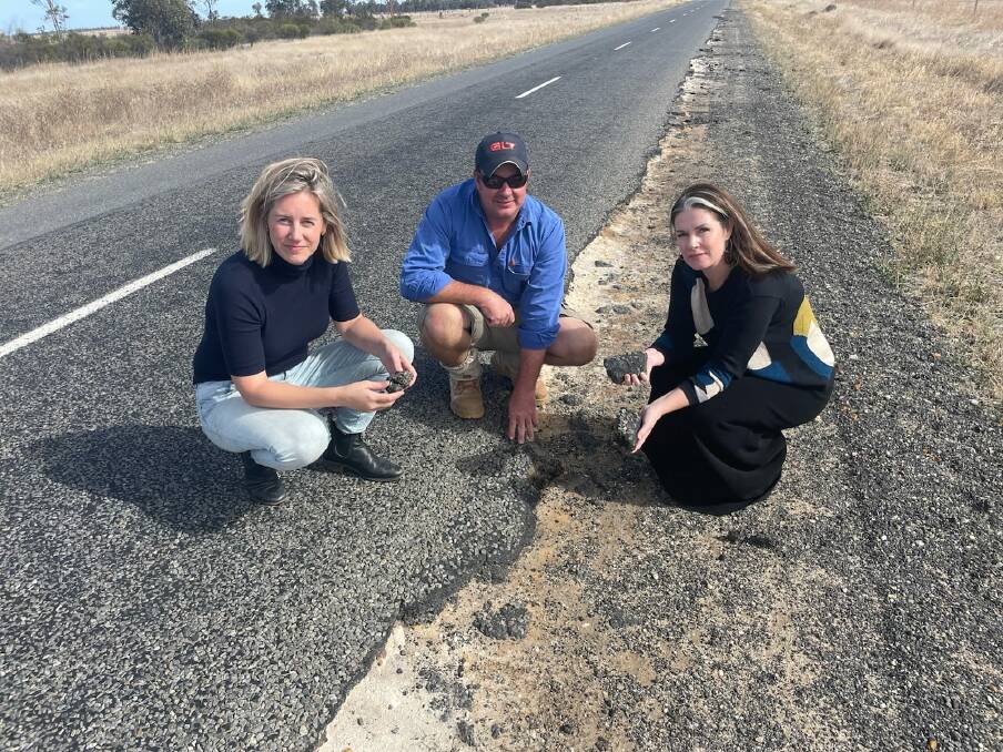 ROAD TRIP: Victorian Farmers Federation Grains Group councillor Ryan Milgate took opposition MP's Steph Ryan and Emma Kealy out to show them the state of the roads around Minyip.