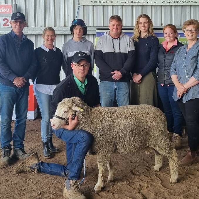 Darren Cameron, Hamilton Run, Nurcoung, the Dinning family, Mundulla, SA, Lily Cameron, JAF Dohne stud, Nurcoung, Elders District Wool manager Amy Kilpatrick, Horsham, and Fiona Cameron, Koonik Dohne stud, Nurcoung with the ram and Nutrien Ag Solutions Area Wool manager Roly Coutts, Geelong.