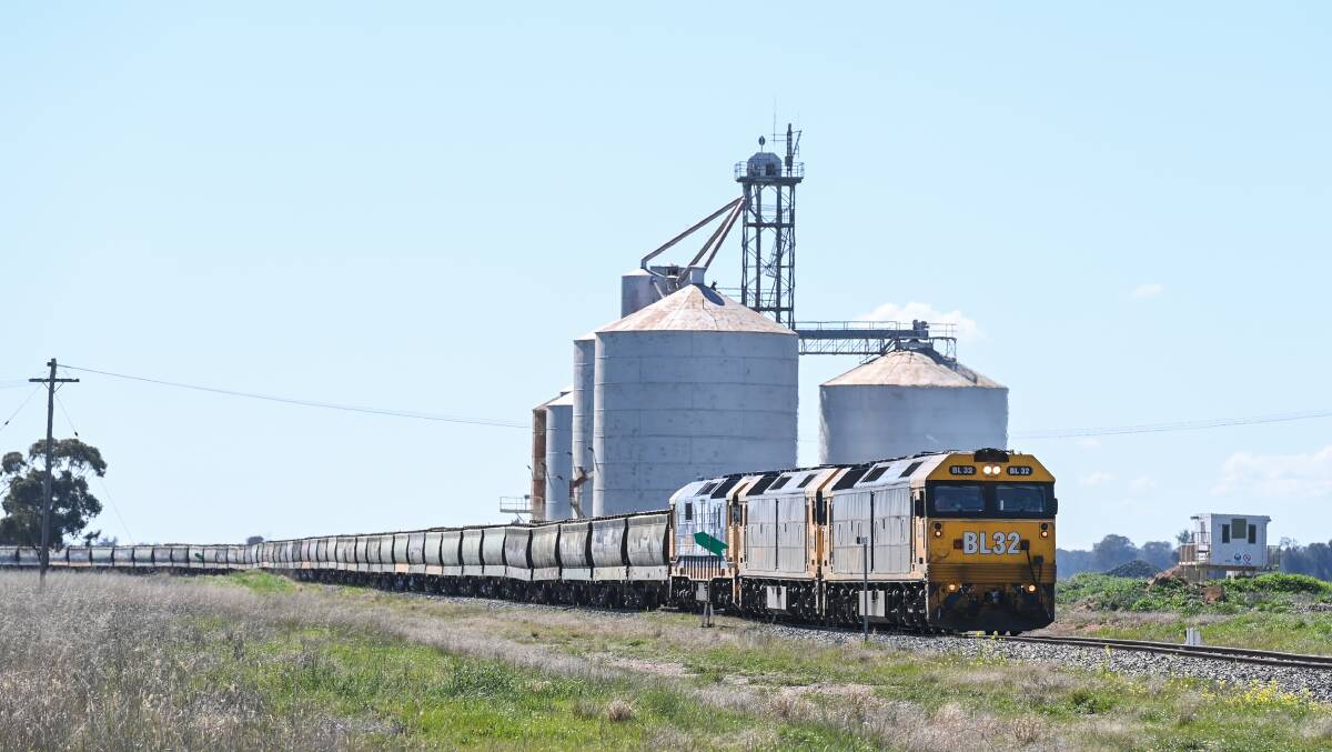 A grain train at Sanger on the Benalla-Oaklands line. Picture by Mark Jesser 