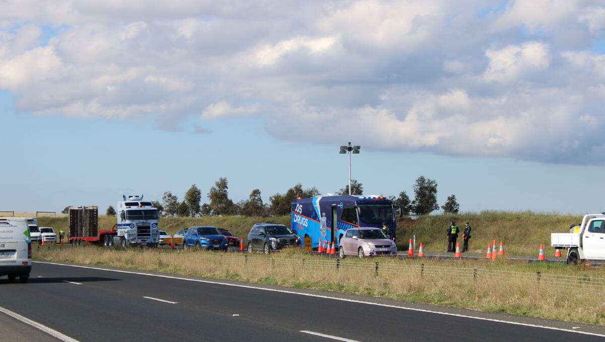CHECKPOINT: The Victoria Police checkpoint, near Bacchus Marsh, on the Western Freeway.