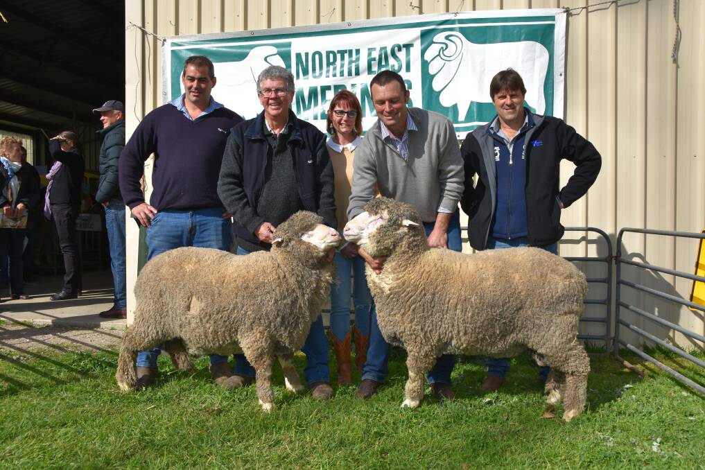 Jarrod Demarco, Rodwells, Toland Poll Merinos Phil Toland, Anna Toland and Simon Riddle, with one of the purchasers of the two top priced rams, Lyndon Kubeil. The two top animals sold for $4200 each.