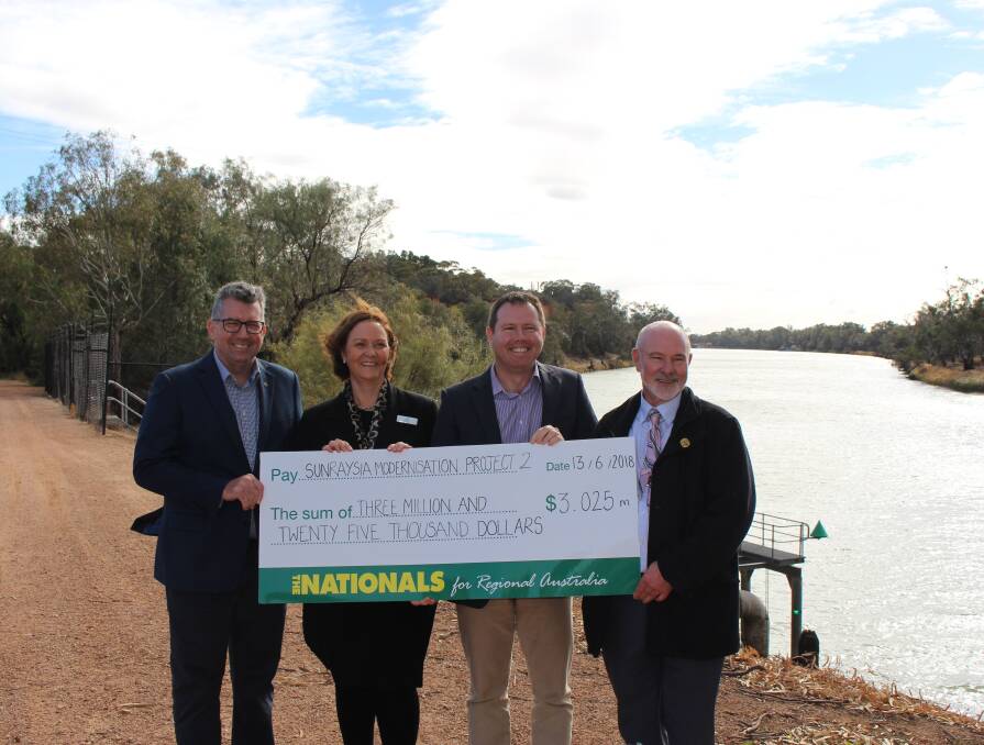MORE FUNDING: Keith Pitt, Assistant Minister to the Deputy Prime Minister, Cheryl Rix, Lower Murray Water chairwoman, Nationals Mallee MP Andrew Broad and Mildura Nationals state MP Peter Crisp at the announcement of the new funding.