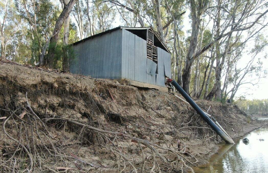 RIVER EROSION: The pump station, at risk of falling into the Murray River, due to bank erosion. Photo by Lloyd Polkinghorne.