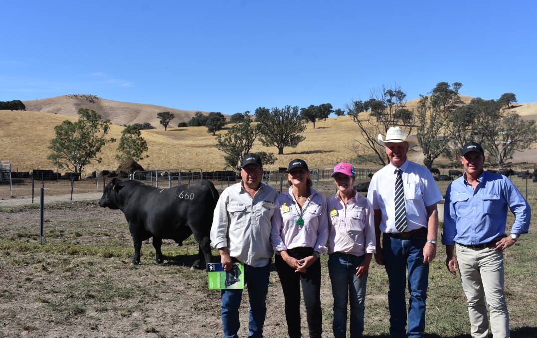 Lot 1, Lawsons Home Town S660, here with stud principals Harry and Ruth Lawson, Charlotte Lawson and Dairy Livestock Services agents Brian Leslie and Scott Lord, sold for $24,000. Picture by Andrew Miller
