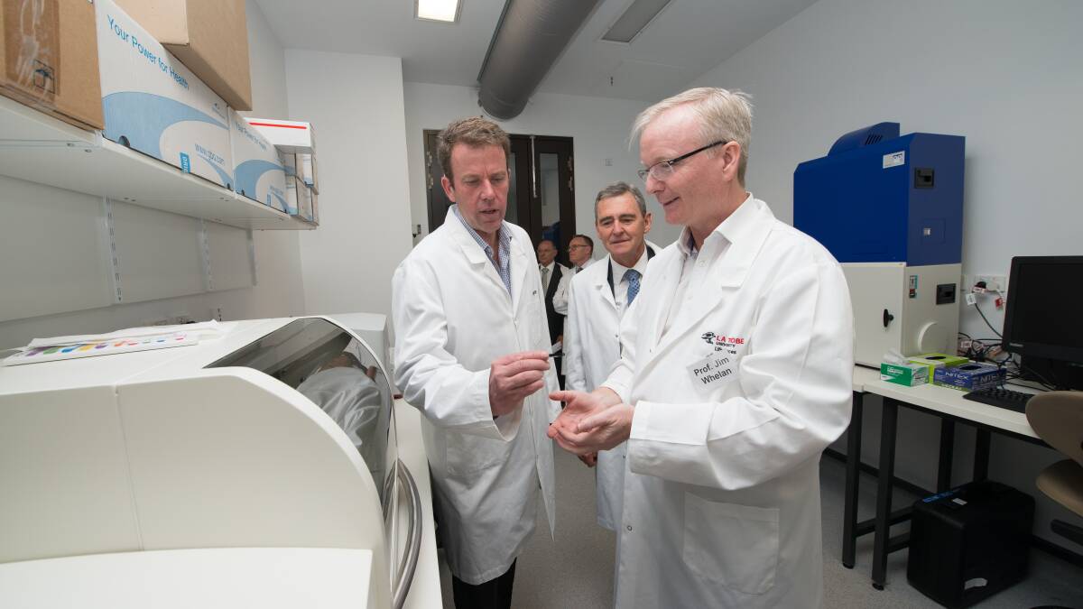 NEW LAB: Federal Education Minister Dan Tehan, LaTrobe Chancellor John Brumby, and Professor Jim Whelan In one of the labs that are part of the Medicinal Agriculture Research Hub.Picture: La Trobe University.