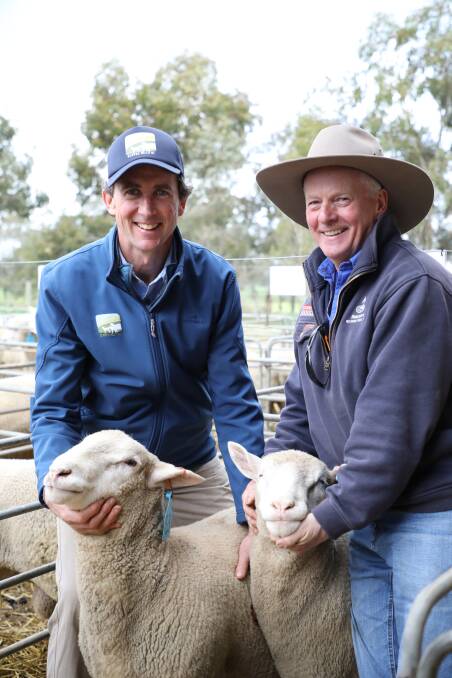 VOLUME BUYER: Bruce Laidlaw, Yat Nat, Balmoral, with Chris Dorahy, Cloven Hills, was one of several volume buyers. He bought 18 rams, to a top of $1750 and an average of $1458.