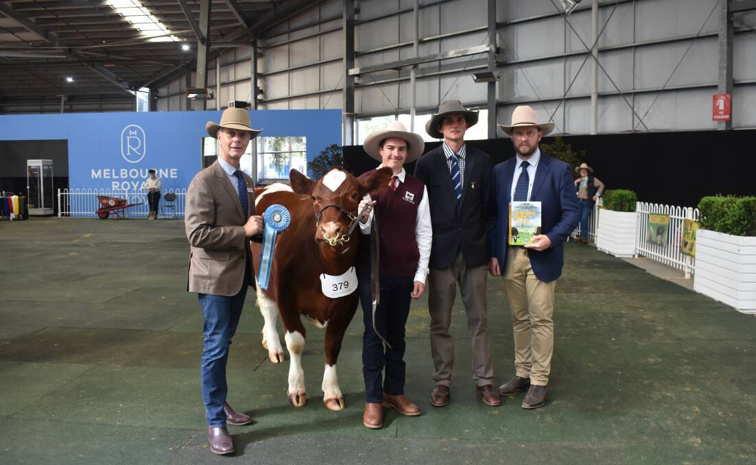Melbourne Royal Show chief executive Brad Jenkins, Bluedrop Maine-Anjous' Jared Mackelmann, judge Jack Nelson and International Animal Health representative Shannon Lawlor with the supreme exhibit Morham Maines Rogue Ava. 