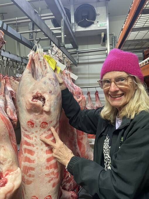 Organics for Rural Australia director Jane McClure with a sheep carcase at Rendina's Butchery Biodynamic & Organic Meats, Balywn North. Picture supplied by Jane McClure