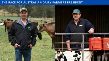 South Australian dairy farmer Rick Gladigau (at left) and western Victorian dairy farmer Ben Bennett (at right) are both seeking to be Australian Dairy Farmers president. File pictures 