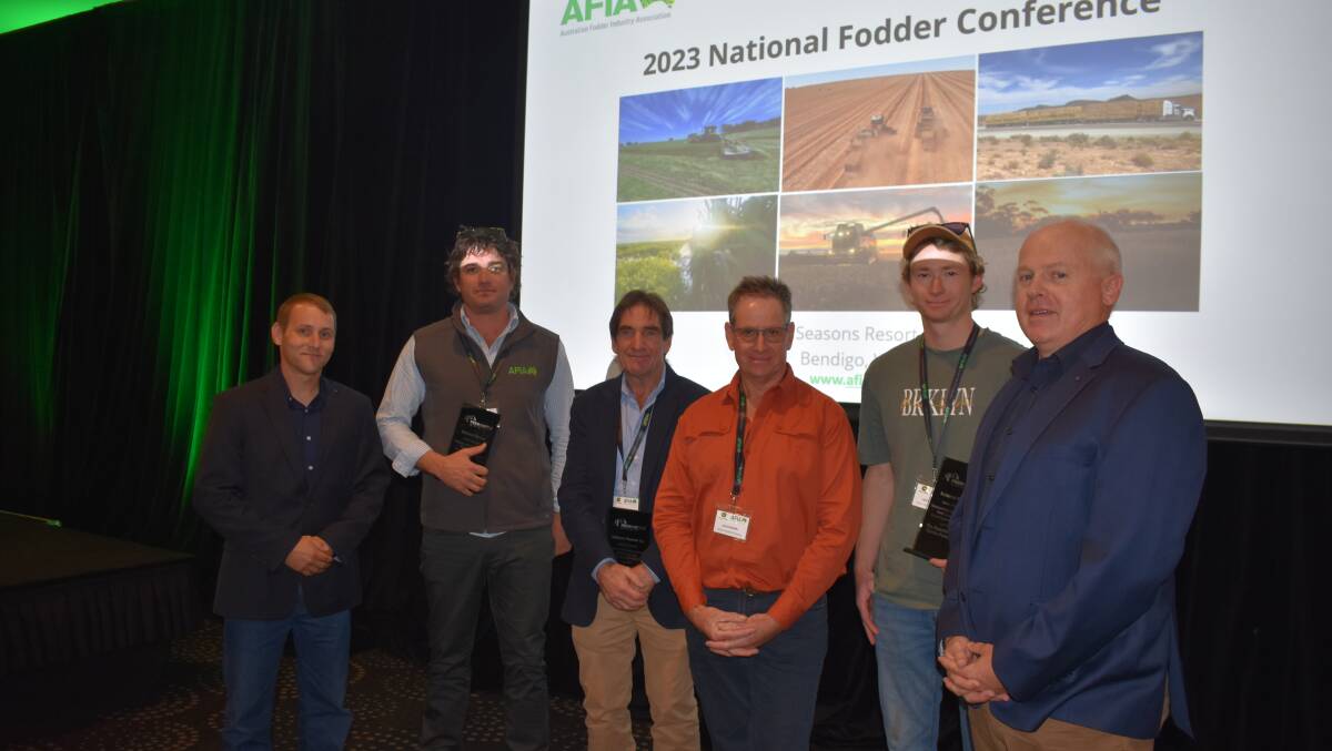 Hay Kings America guest speaker, Jon Paul Driver, with winners Brad Griffith, Mallala South Australia, Alex Peacock Timmering, Brett and Jack Radcliffe Kerang, and Feed Central chief executive Tim Ford, Toowoomba.
