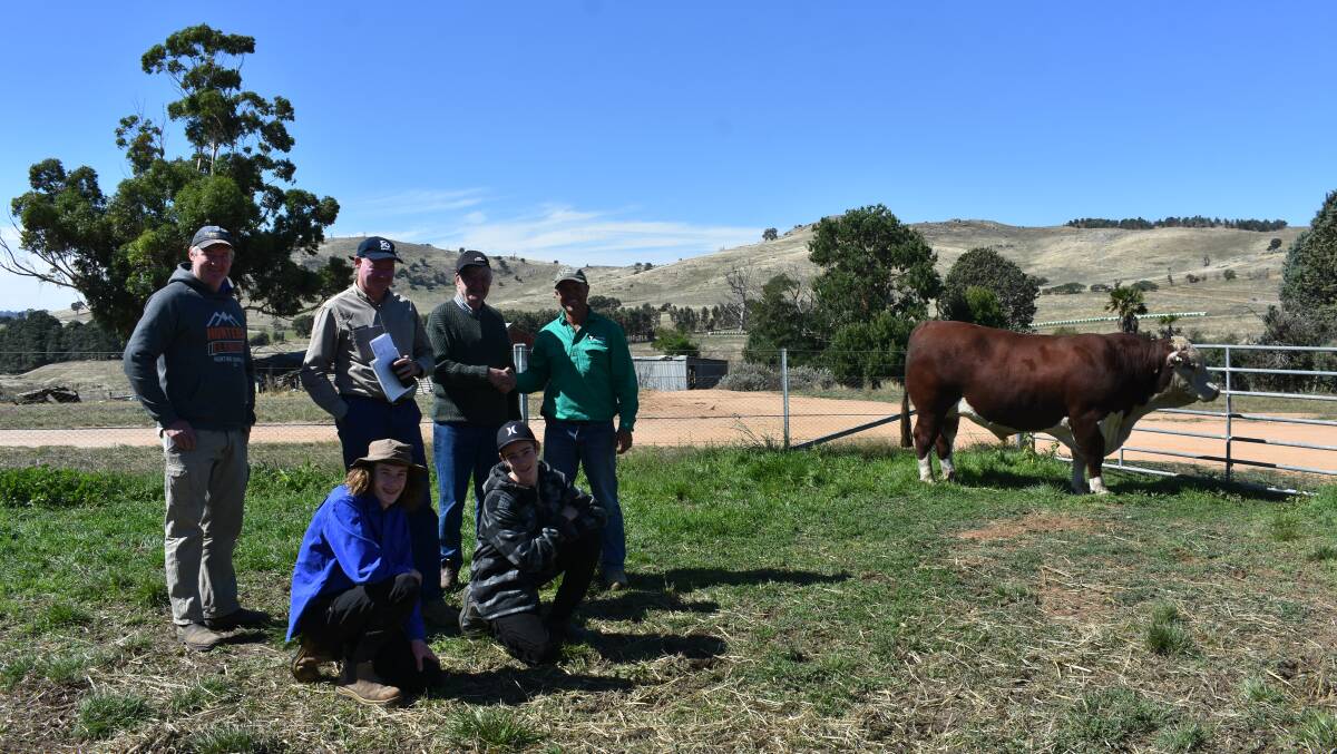 FAMILY DAY: Brian, Lachlan, Xavier and Gerard Kelly, with Brian senior, Gowrie, and Tarcombe stud co-principal Tim Hayes with the top priced bull.