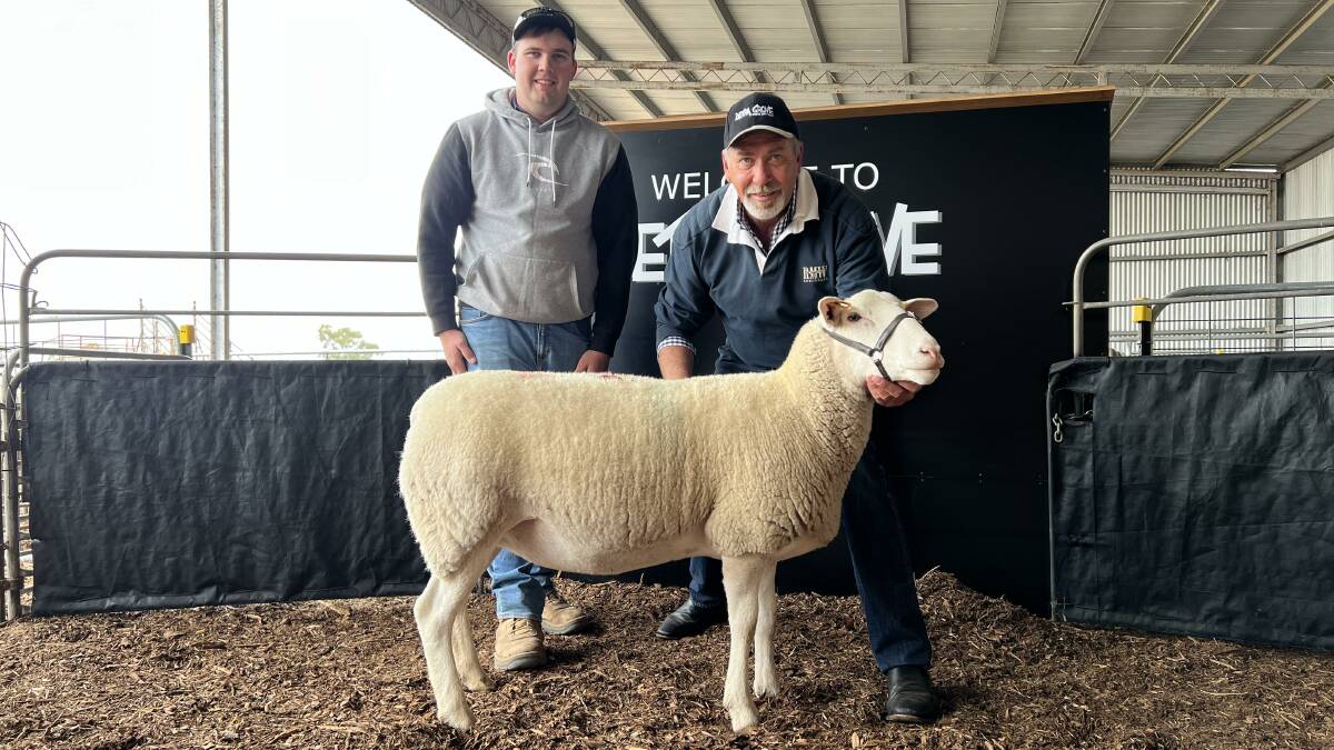Buyer of the top-priced ewe Cameron Ferguson, Tiparra Springs White Suffolk stud, Weetulta, South Australia with stud co-principal David Pipkorn. Picture supplied 