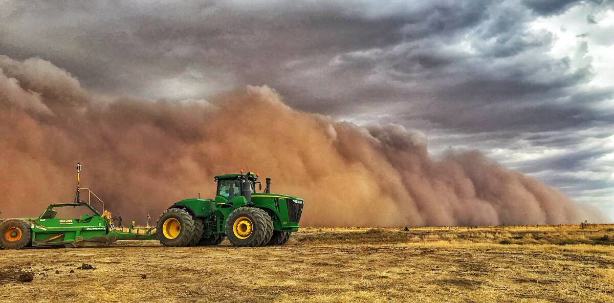 STORM CHASER: Photographer and farmer Drew Chislett took this spectacular panoramic shot of the dust storm, as it blew through Durham Ox: PHOTO: Drew Chislett.
