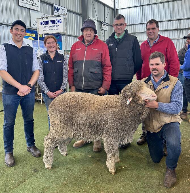 The joint top-priced ram from Mount Yulong with Tom Walker, Bella Obrien, Ian Klows, Roly Coutts, Nutrien, and Peter and Daniel Rogers. Picture supplied