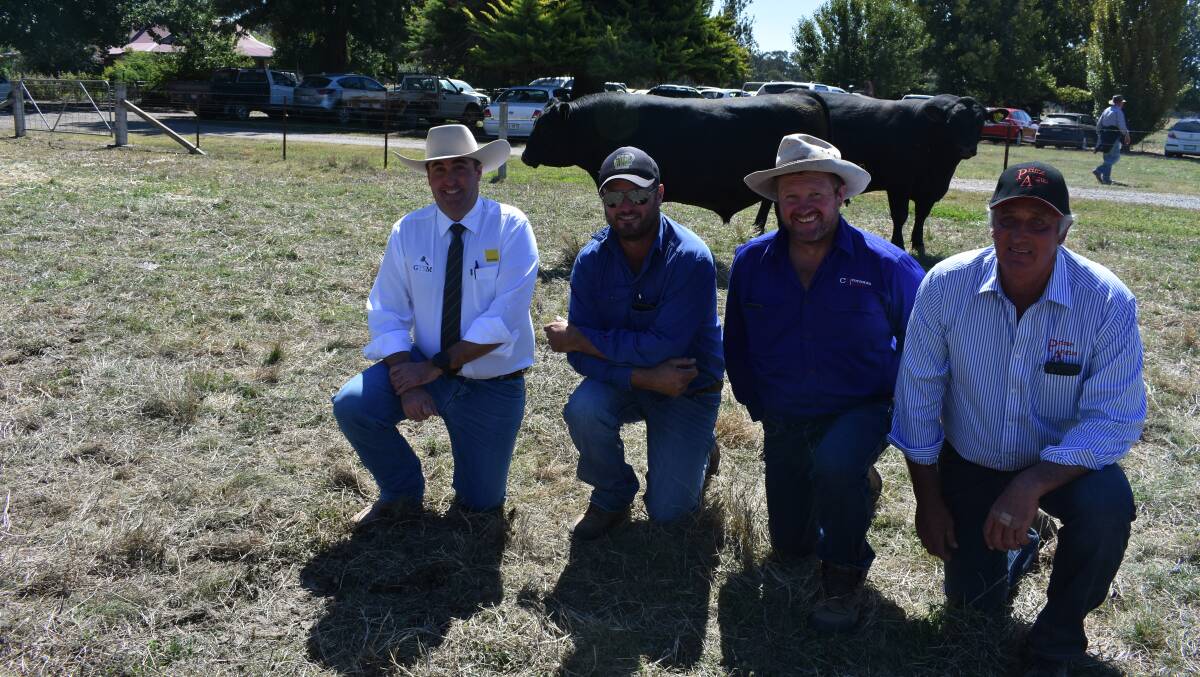 TOP SELLERS: Ray White Livestock GTSM director James Brown, Adam Wheeler, Towong Hill, Corcoran Parker livestock agent Rod McKenzie and Prime stud principal Colin Flanagan with the top-priced bulls.