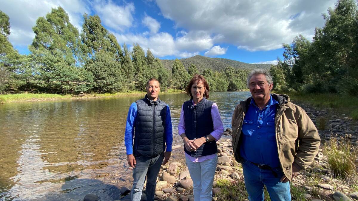 CONSULTATION EXTENDED: Nationals Eastern Victoria MP Melina Bath and cattle producers Will Paul and Dane Martin on the Macalister River, Licola. 
