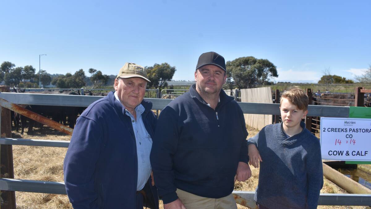 Noel Talbot, Lancefield, was joined by son Carl and grandson Alexander, 10, of Fish Creek, at Kyneton. They were looking at cows and calves for Carl Talbot's beef operation. Pictures by Andrew Miller