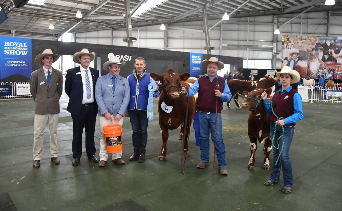 SUPREME CHAMPION: Kiribati’s Blossom Four has gone one better this year, taking out the Supreme Exhibit, here with judged Jack Nelson, Troy Setter, sponsor Chris Hillman, Livanol, Jeff Swan, Ocean King Beef Shorthorns, Bendigo, Scott Bruton and Emily Ash. 