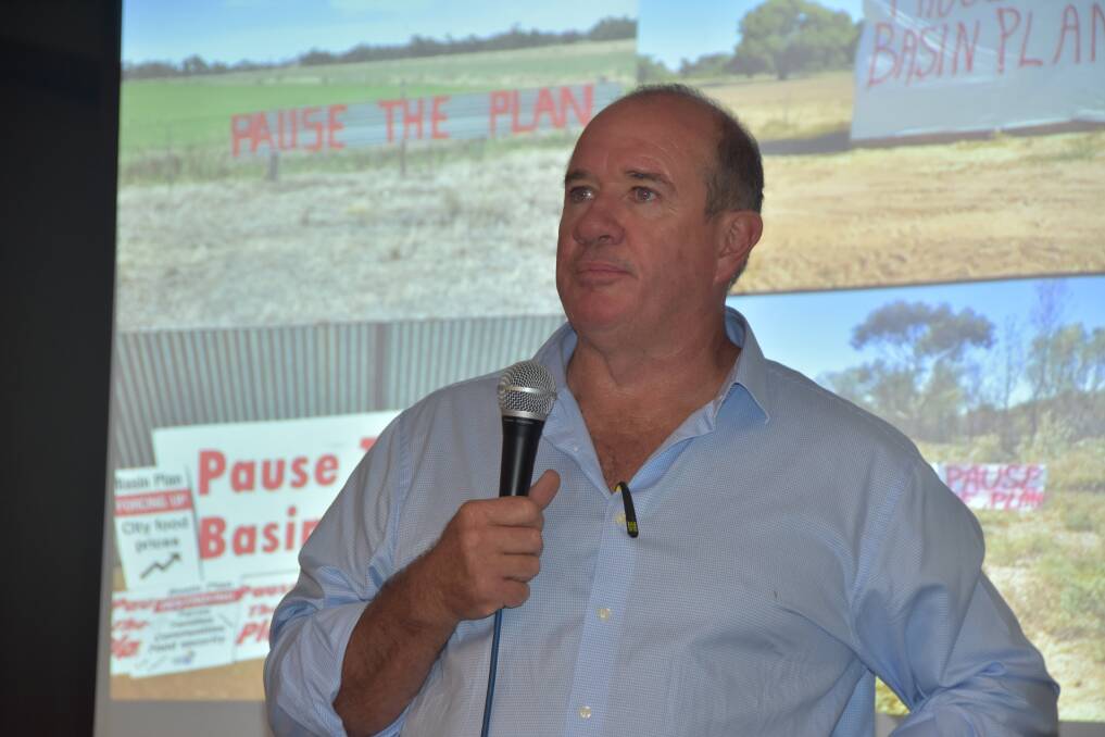 CANBERRA RALLY: Southern Riverina Irrigators chairman Chris Brooks speaking at the Barooga, NSW rally, aimed at pausing the Murray Darling Basin Plan.