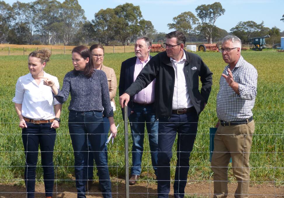 DROUGHT FUNDING: East Gippsland mayor Natalie O'Connell, Agriculture Minister Jaclyn Symes, Member for Eastern Victoria Jane Garrett and Wellington Shire Council mayor Alan Hall (both back), Premier Daniel Andrews and Bairnsdale producer Trevor Caithness at last week's drought funding announcement.