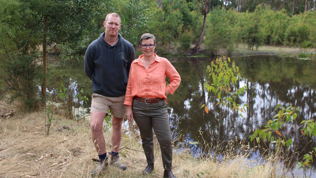 BIG DREAMS: Xavier Meade, owner of Barongarook Pork, and Corangamite Catchment Management Authority chair Cath Jenkins on the property. 
