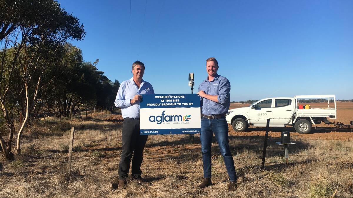 WEATHER STATIONS: Chris Sounness BCG chief executive and Agfarm's Tim Rhook with a weather station.
 .