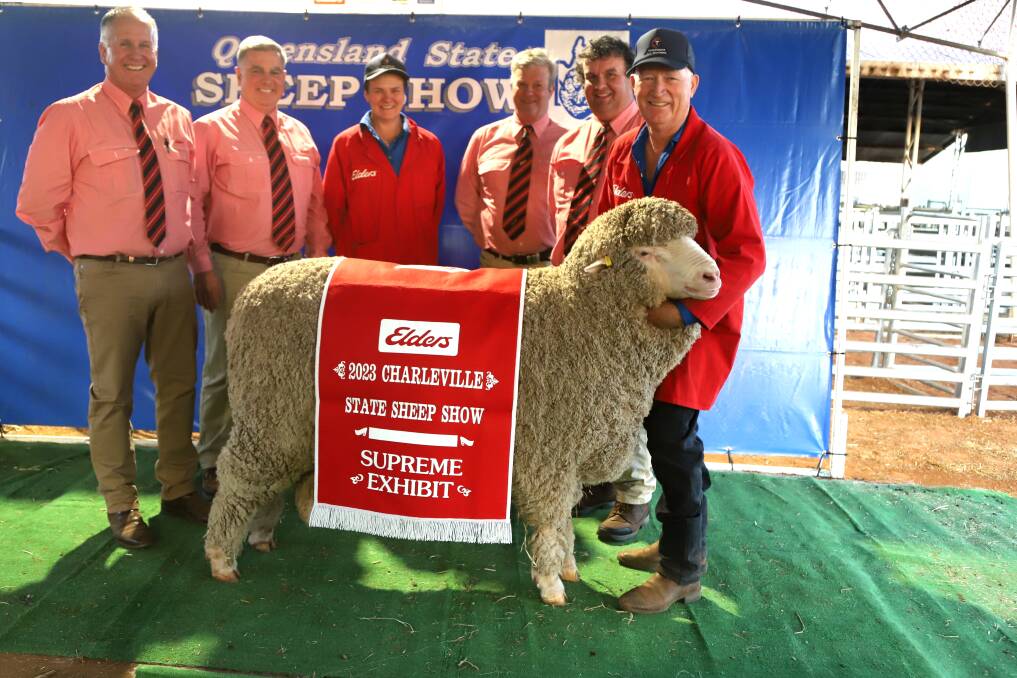 Elders representatives Duncan Ferguson, Bruce McLeish, Peter Sealy and Brett Smith with Danni and Kevin Crook, Tamaleuca Merino and poll Merino stud, Oeyen, Victoria, holding the supreme exibit of the State Sheep Show. Picture: Sally Gall