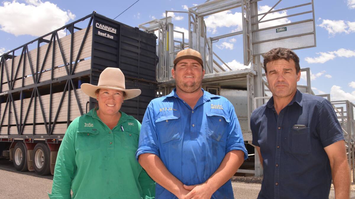 Double up: Winton saleyards managers, Jodie and Gavin Smith, with Winton mayor, Gavin Baskett as trucks roll in to load up at the new facility. Pictures: John Elliott.