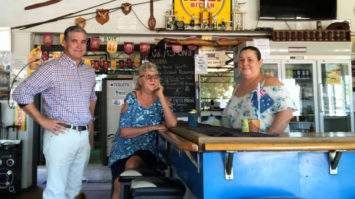 Traeger MP, Robbie Katter with Patricia Jones and Edith Ormonde at the Pentland Hotel, one of those set to benefit from the passing of the Rural Hotels Concessions Bill. Photo: supplied.